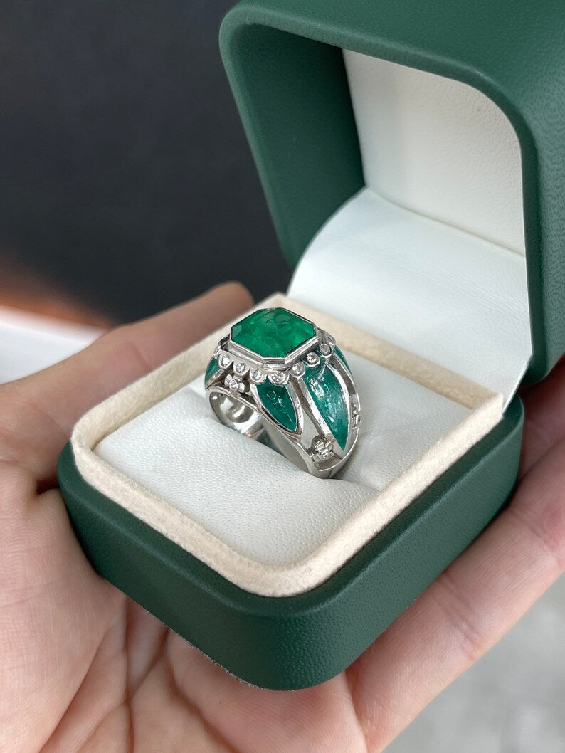 4.88tcw 18K Vivid Dark Green Emerald Enamel Diamond Men's Statement Cocktail Ring - JR Colombian Emeralds