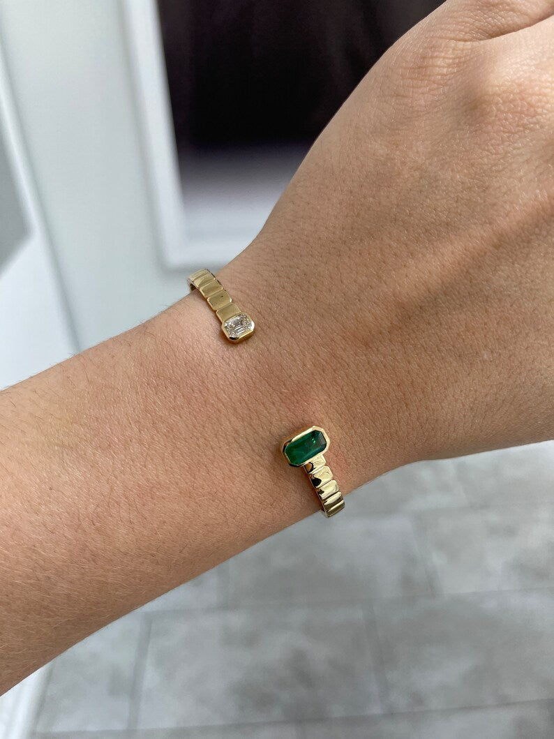 1.80tcw 18K Gold Rich Dark Green Fine Quality Emerald & Diamond Cuff Accent Bangle Bracelets - JR Colombian Emeralds