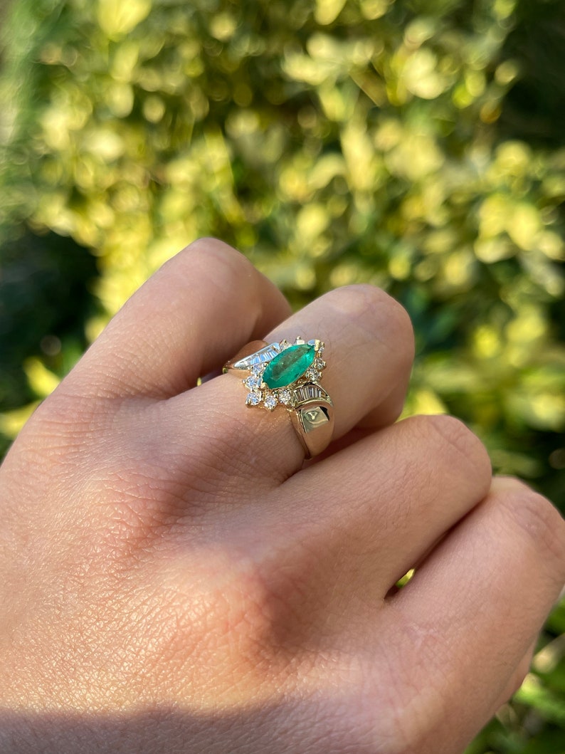 1.63tcw 14K Vivid Yellowish Green Marquise Cut Emerald & Tapered Baguette & Diamond Accent Statement Gold Ring - JR Colombian Emeralds