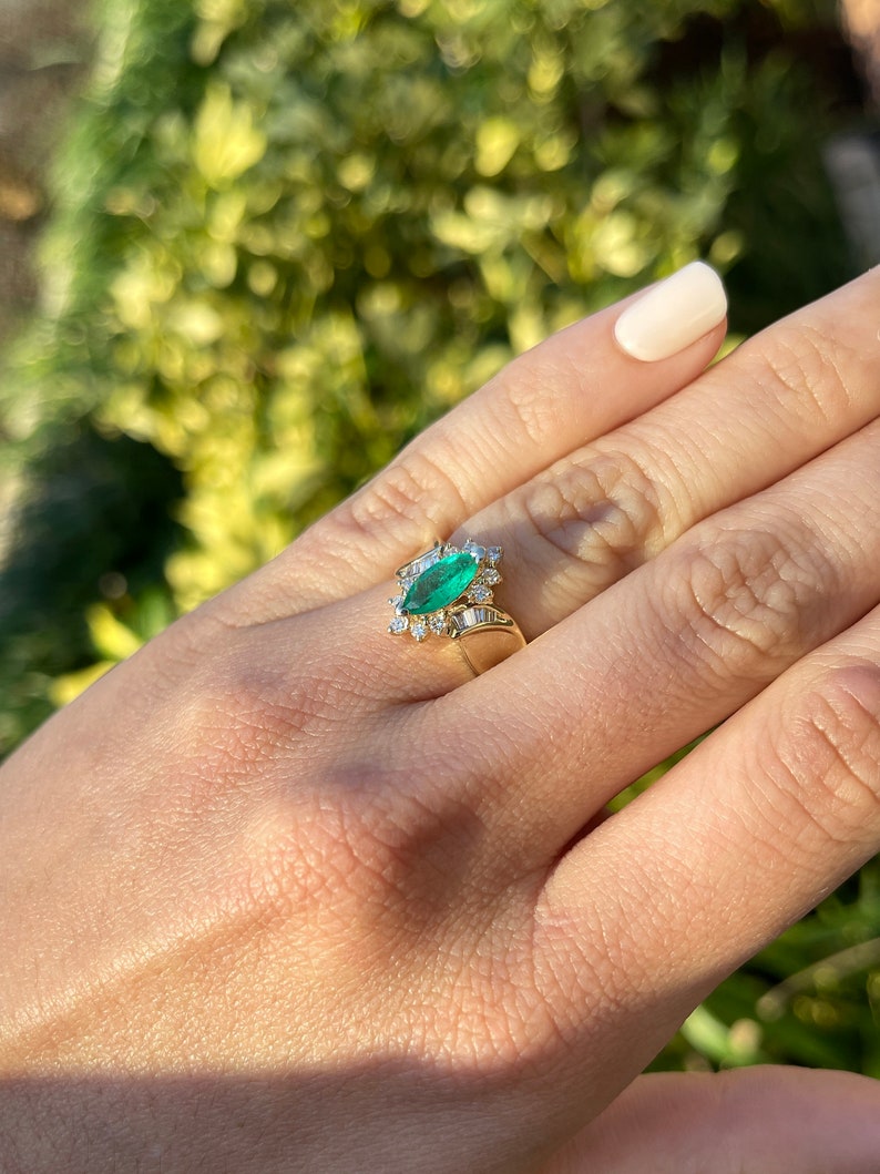 1.63tcw 14K Vivid Yellowish Green Marquise Cut Emerald & Tapered Baguette & Diamond Accent Statement Gold Ring - JR Colombian Emeralds