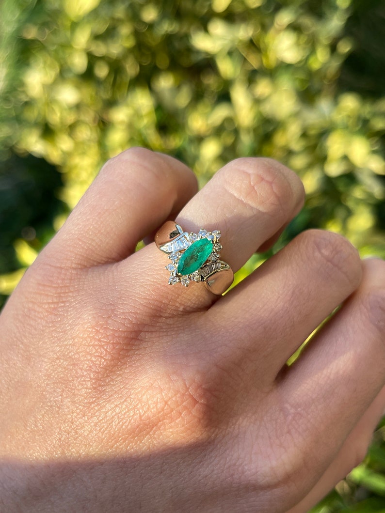 1.63tcw 14K Vivid Yellowish Green Marquise Cut Emerald & Tapered Baguette & Diamond Accent Statement Gold Ring - JR Colombian Emeralds