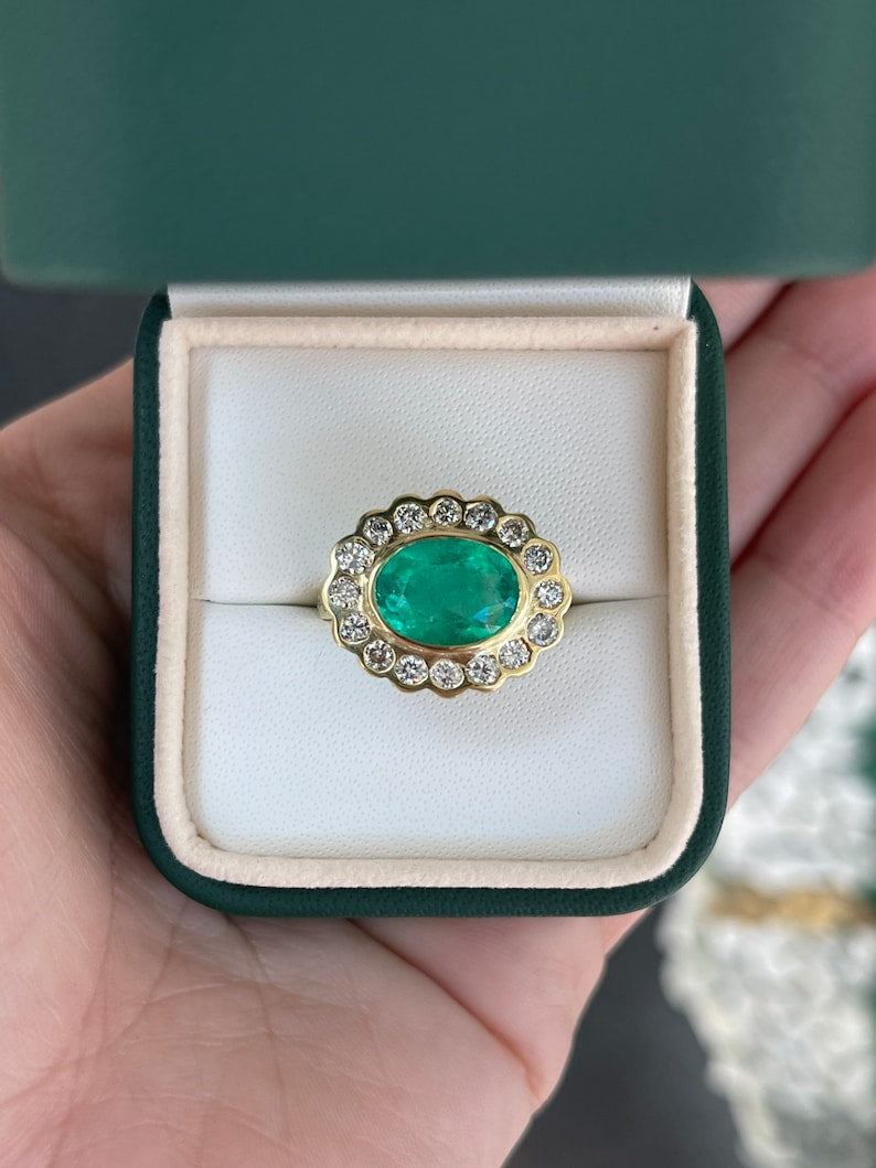 Oval Cut Dark Vivid Green Emerald Statement Ring