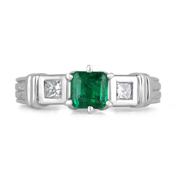 1.20tcw 18K White Gold Fine Quality Asscher Emerald & Princess Cut Diamond Accent 3 Stone Ring