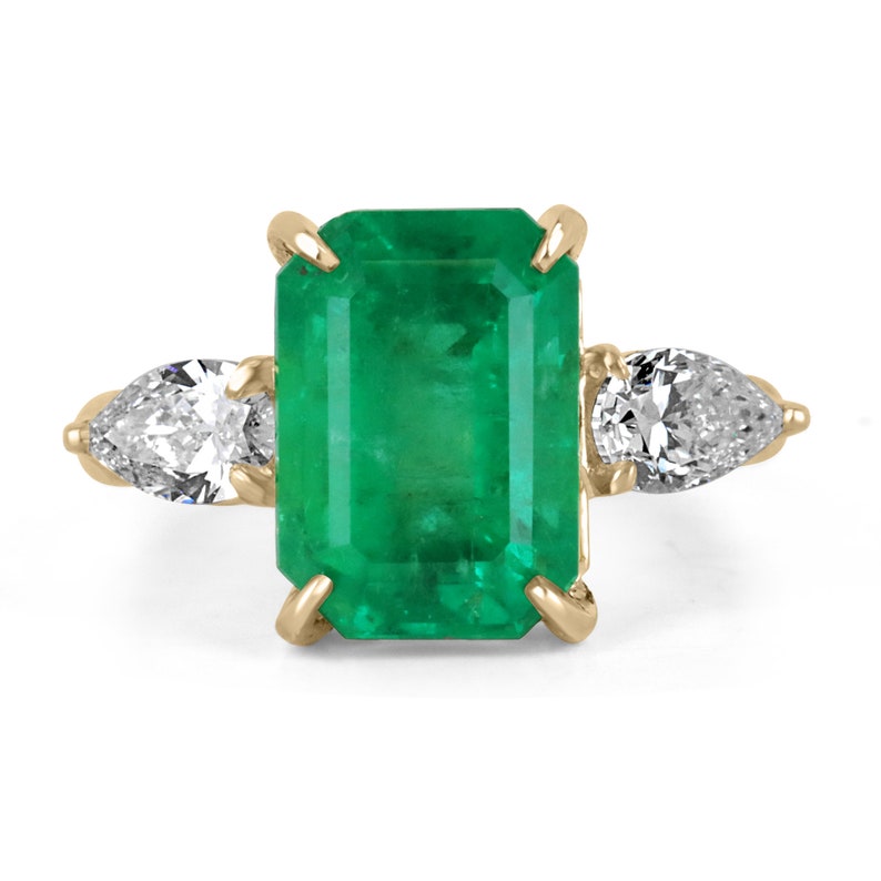 6.05tcw 18K Gold Crazy Rich 3 Stone Asians Emerald & Pear Diamond Ring