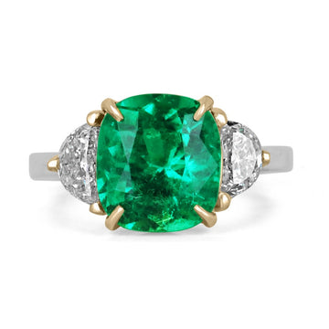 4.77tcw 18K AAA+ Two Toned Fine Quality Cushion Cut Emerald & Half Moon Diamond 3 Stone Engagement Ring