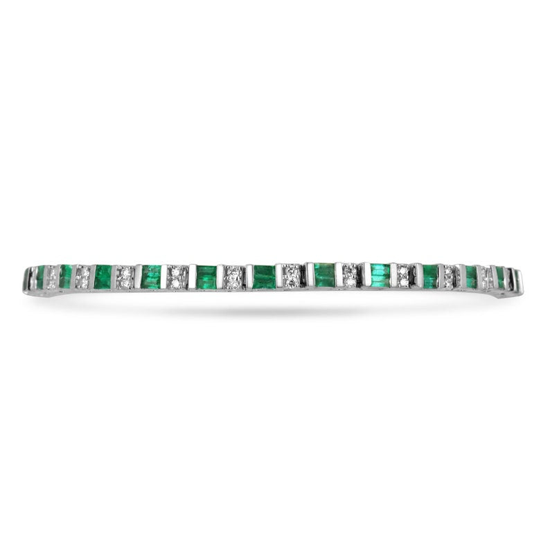 2.91tcw 14K White Gold Baguette Cut Vivid Dark Green Emerald & Diamond Accent Stacking Bracelet