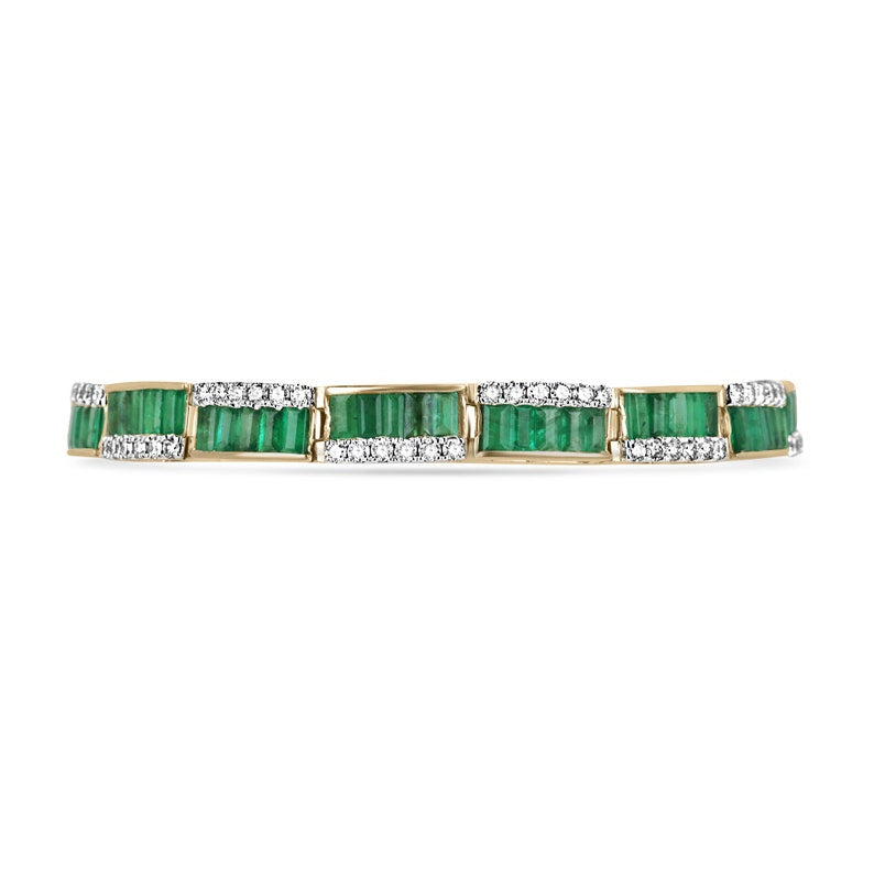 11.06tcw 14K Gold Vivid Dark Green Natural Baguette Emerald Cut & Diamond Accent Bracelet