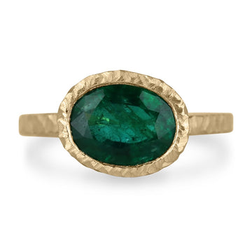 2.60ct 18K AAA Fine Quality Rich Dark Green Oval Cut Matte Hammered Finish Emerald Solitaire Ring