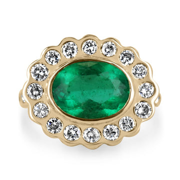 4.48tcw 18K Gold Fine Quality Oval Cut Dark Vivid Green Emerld & Diamond Halo Accent Ladies Ring