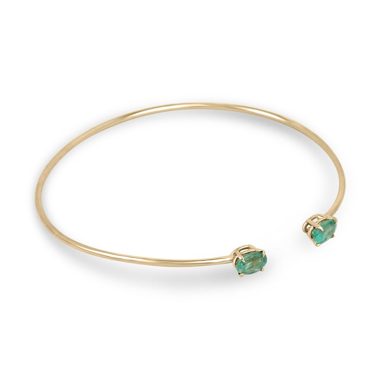 1.80tcw 14K Gold Vivid Medium Light Green Oval Cut Emerald Toi et Moi Cuff Bangle Bracelet