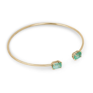 2.30tcw 14K Gold Vivid Medium Light Green Emerald Cut Toi et Moi Cuff Bangle Bracelet
