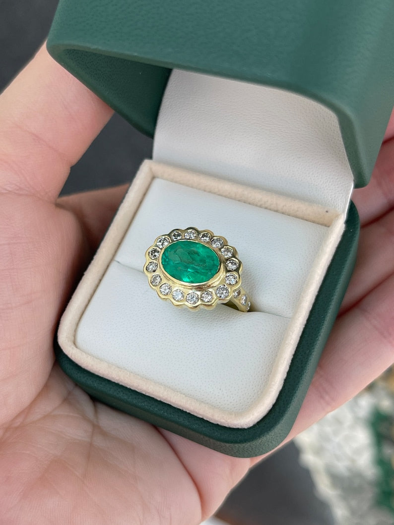 4.48tcw 18K Gold Fine Quality Oval Cut Dark Vivid Green Emerld & Diamond Halo Accent Ladies Ring - JR Colombian Emeralds