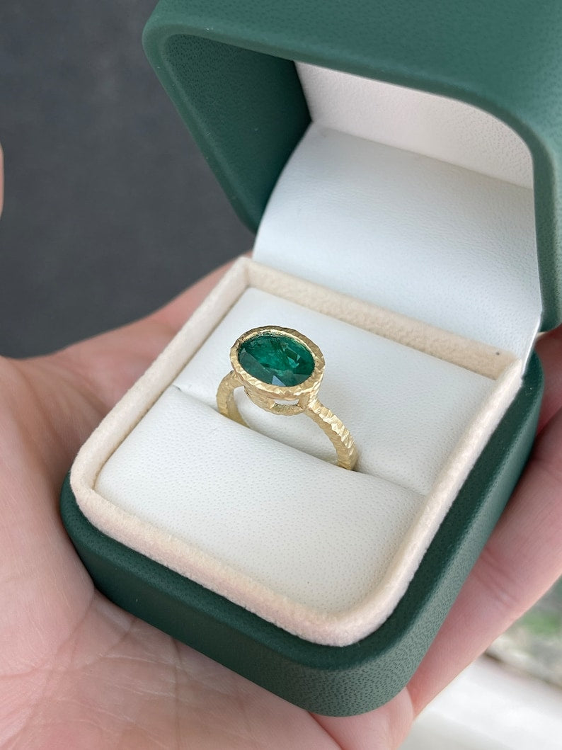 2.60ct 18K AAA Fine Quality Rich Dark Green Oval Cut Matte Hammered Finish Emerald Solitaire Ring - JR Colombian Emeralds