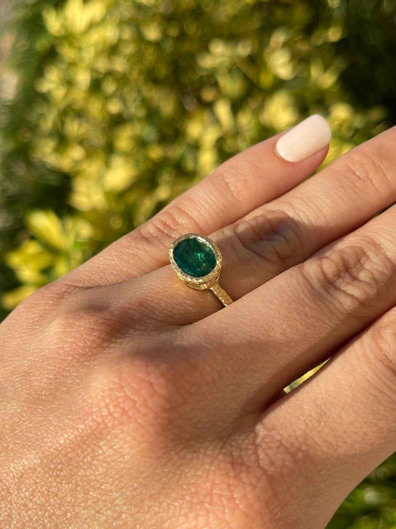 2.60ct 18K AAA Fine Quality Rich Dark Green Oval Cut Matte Hammered Finish Emerald Solitaire Ring - JR Colombian Emeralds