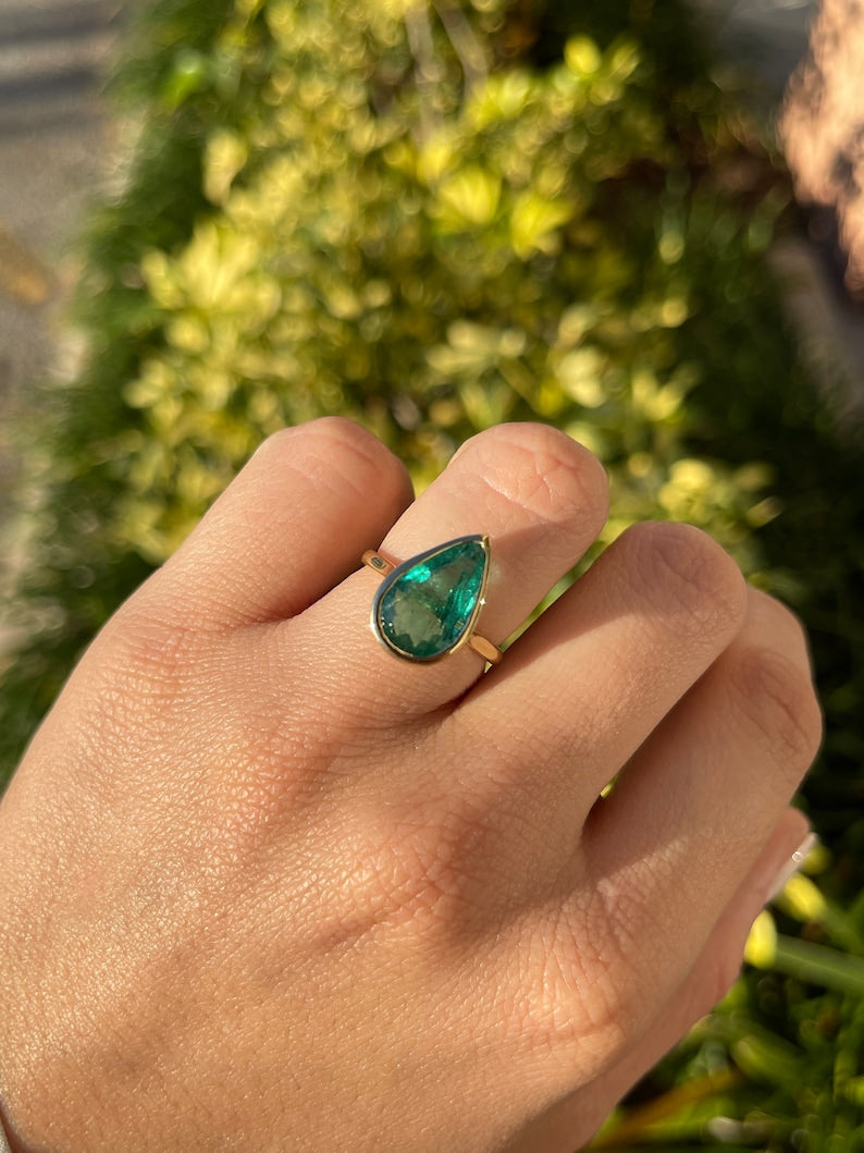 5.05ct 18K Gold Large Natural Pear Cut Dark Forest Green Emerald Right Hand Ring - JR Colombian Emeralds