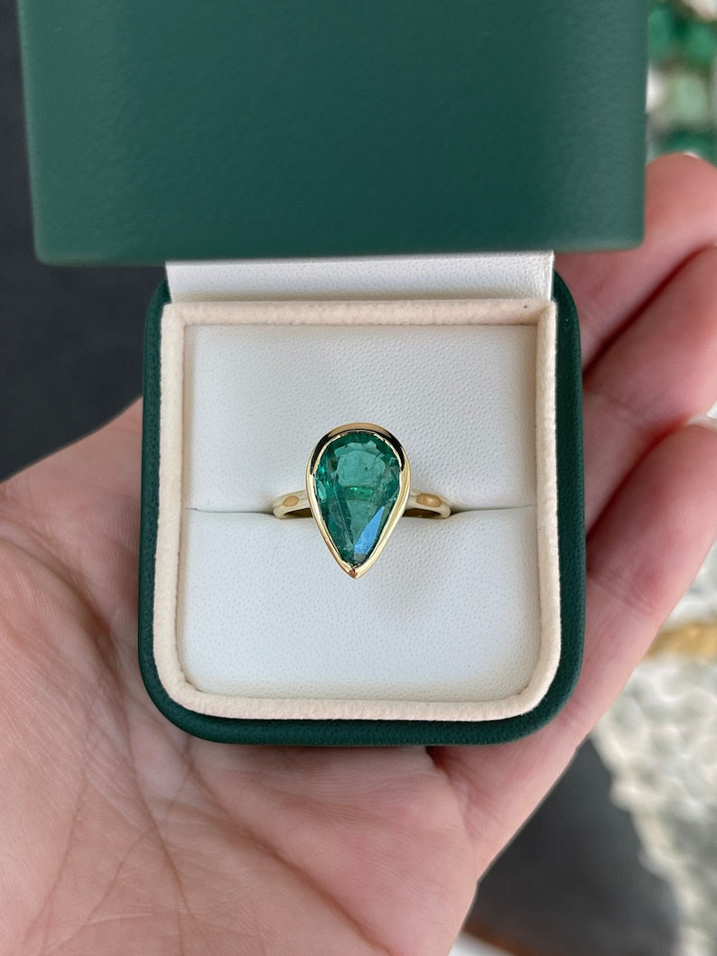 5.05ct 18K Gold Large Natural Pear Cut Dark Forest Green Emerald Right Hand Ring - JR Colombian Emeralds