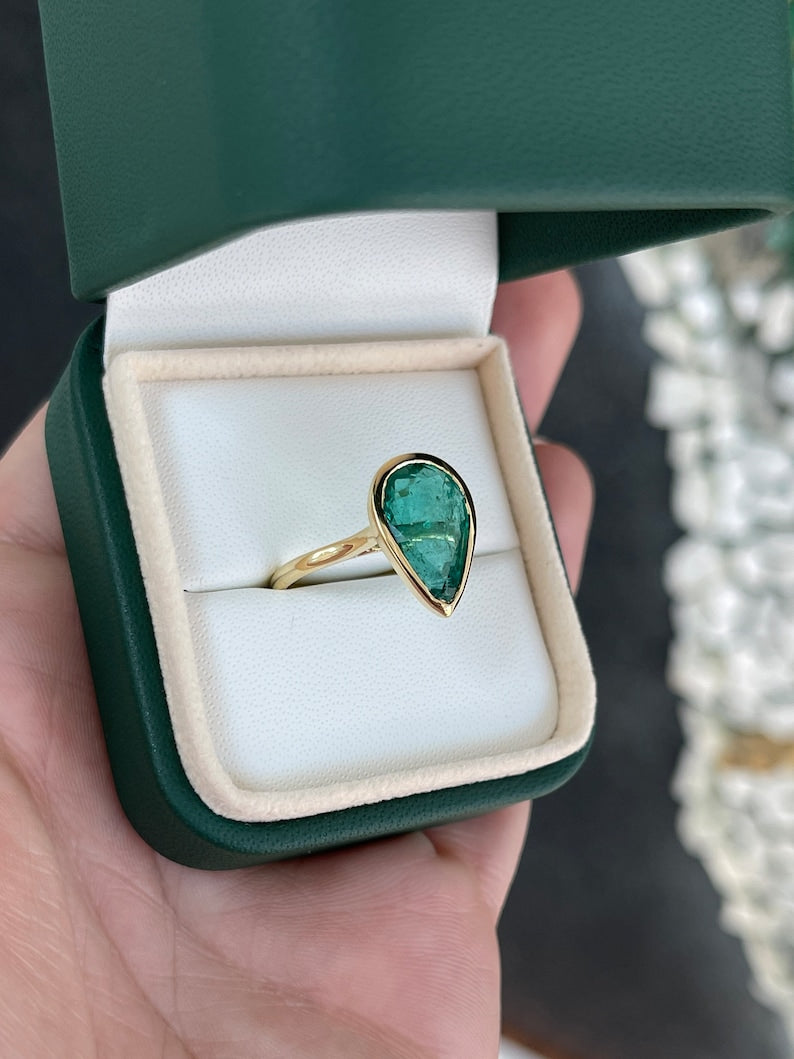 5.05ct 18K Gold Large Natural Pear Cut Dark Forest Green Emerald Right Hand Ring - JR Colombian Emeralds