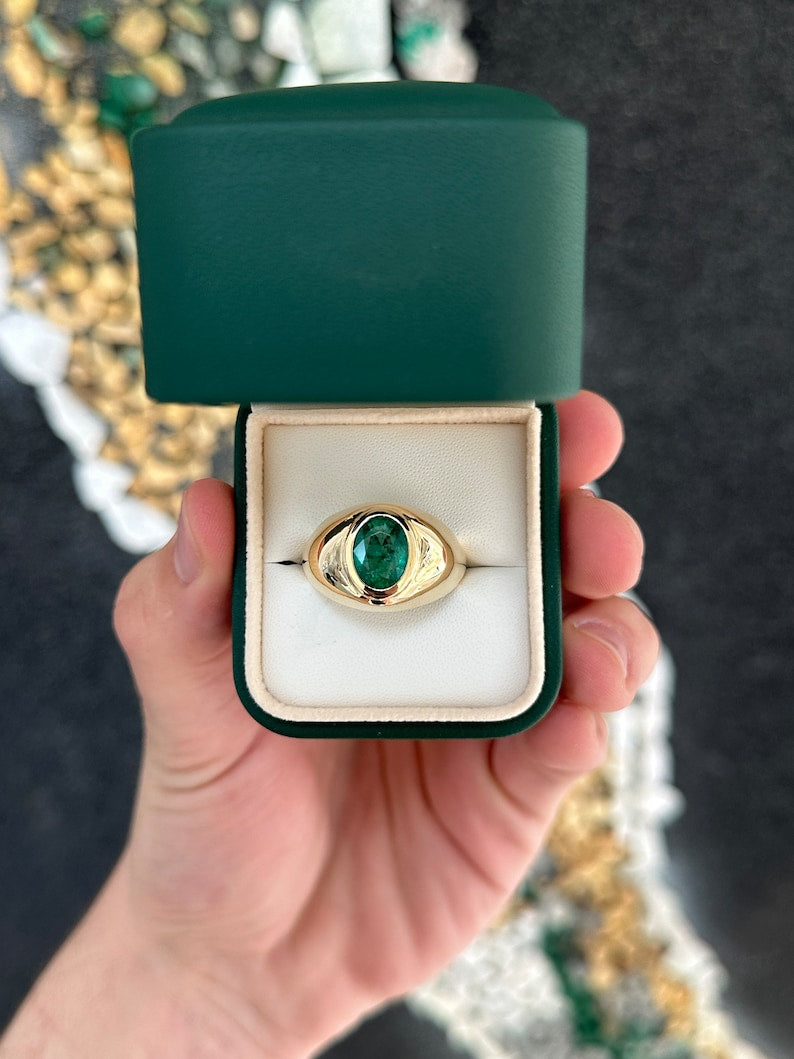 Oval Cut Natural Medium Dark Green Emerald Ring