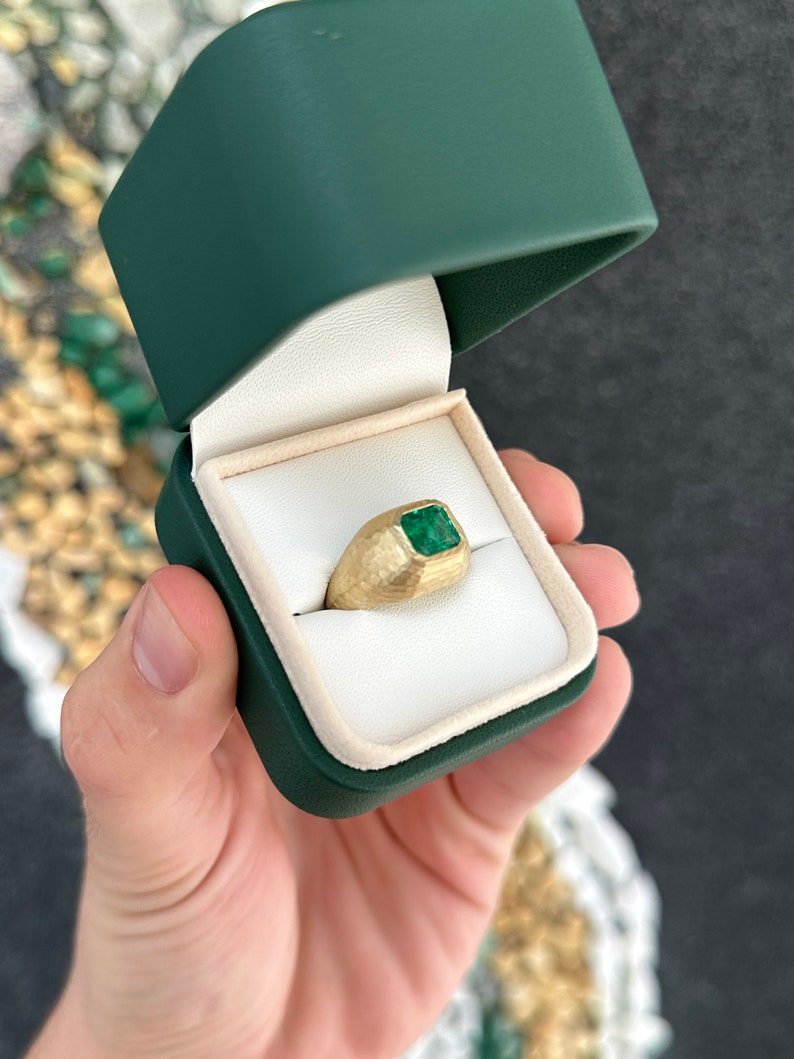 2.43ct 14K Lush Dark Green Emerald Cut Gypsy Men's Matte Hammered Gold Finish Unisex Signet Ring - JR Colombian Emeralds