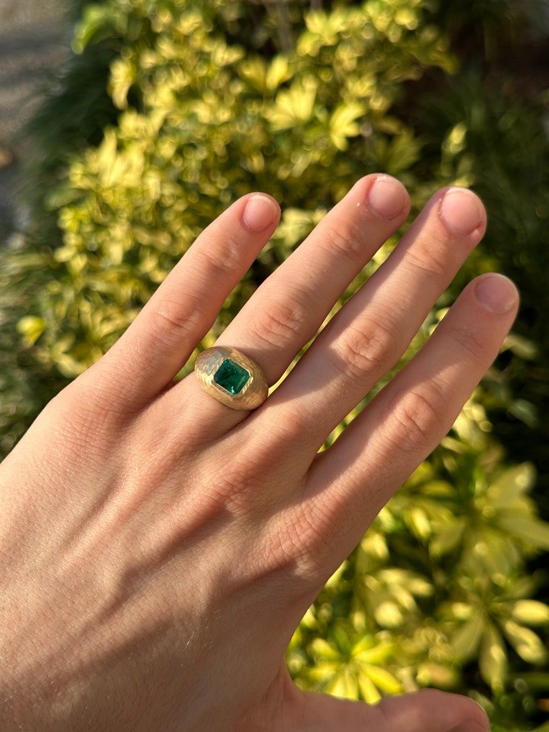 2.43ct 14K Lush Dark Green Emerald Cut Gypsy Men's Matte Hammered Gold Finish Unisex Signet Ring - JR Colombian Emeralds