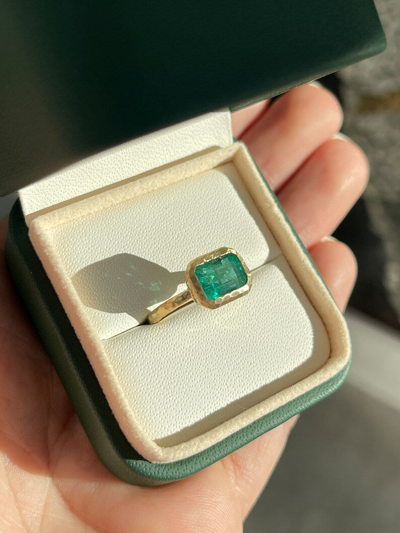 2.48ct 14K Matte Hammered Gold Lush Dark Green East to West Emerald Cut Solitaire Ring - JR Colombian Emeralds