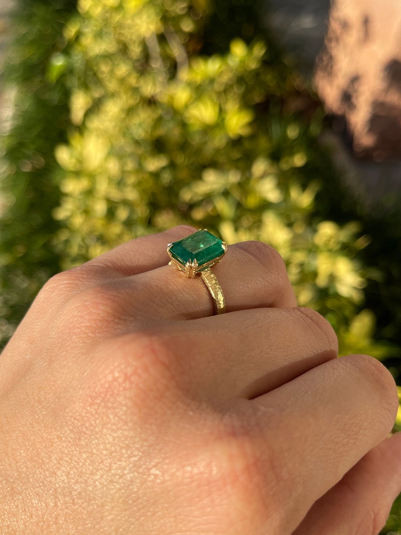 4.45ct 18K Matte Hammered Gold Rich Dark Green Rustic Double Claw Prong Emerald Cut Solitaire Ring - JR Colombian Emeralds