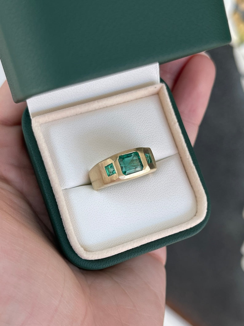 1.94tcw 14K Asscher & Princess Cut 3 Stone Unisex Matte Gold Finish Ring - JR Colombian Emeralds