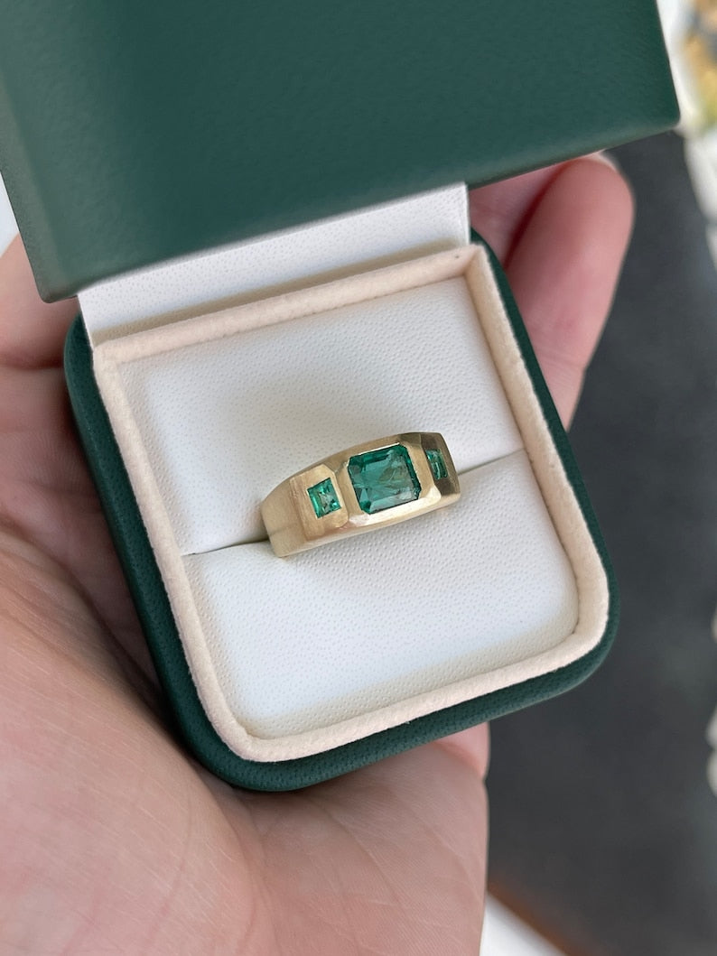 1.94tcw 14K Emerald & Asscher Cut 3 Stone Unisex Matte Gold Finish Ring