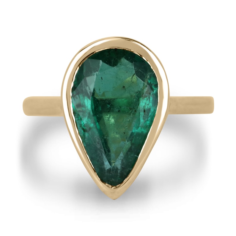 5.05ct 18K Gold Large Natural Pear Cut Dark Forest Green Emerald Right Hand Ring