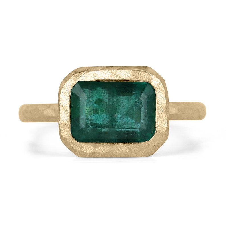 2.48ct 14K Matte Hammered Gold Lush Dark Green East to West Emerald Cut Solitaire Ring