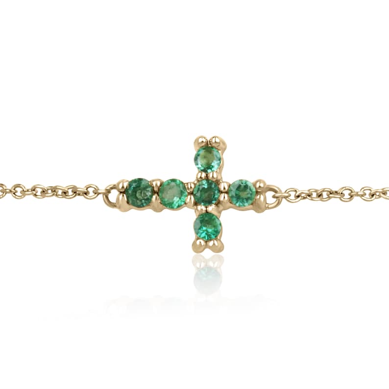 0.20tcw 14K Gold Round Cut Vivid Medium Green Natural Emerald Cross Bracelet