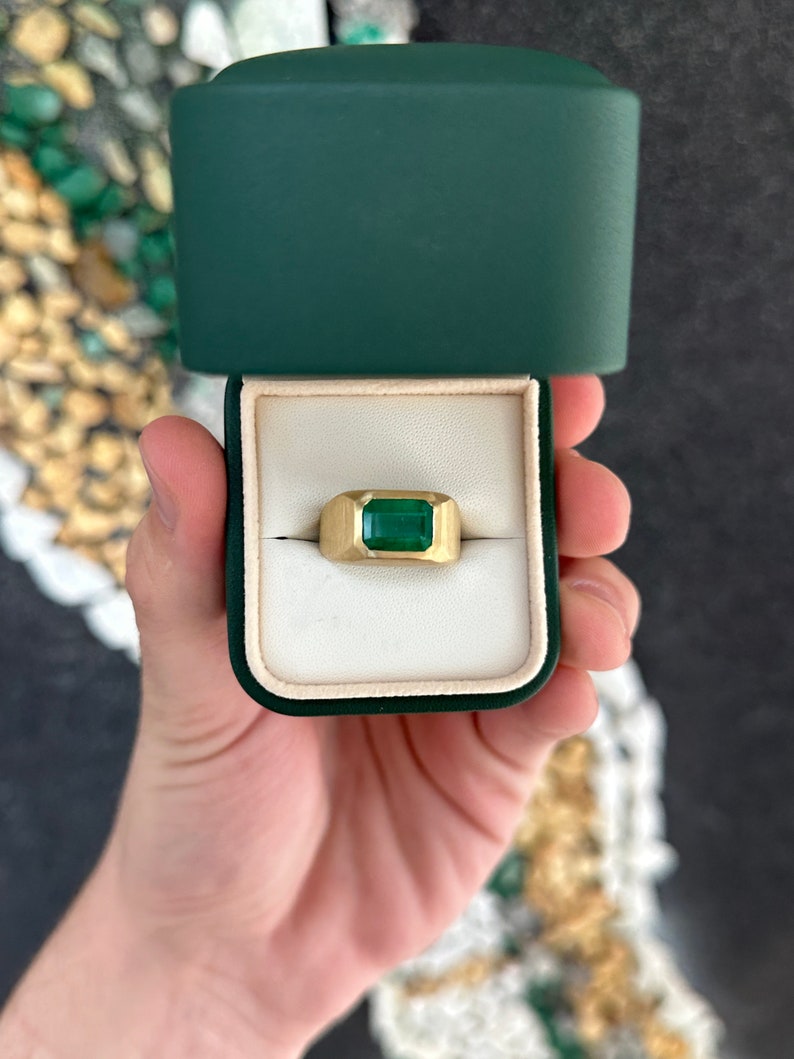 Large Dark Vivid Green Emerald Bezel Set Ring