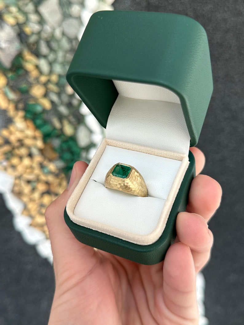 2.43ct 14K Lush Dark Green Emerald Cut Gypsy Men's Matte Hammered Gold Finish Unisex Signet Ring - JR Colombian Emeralds