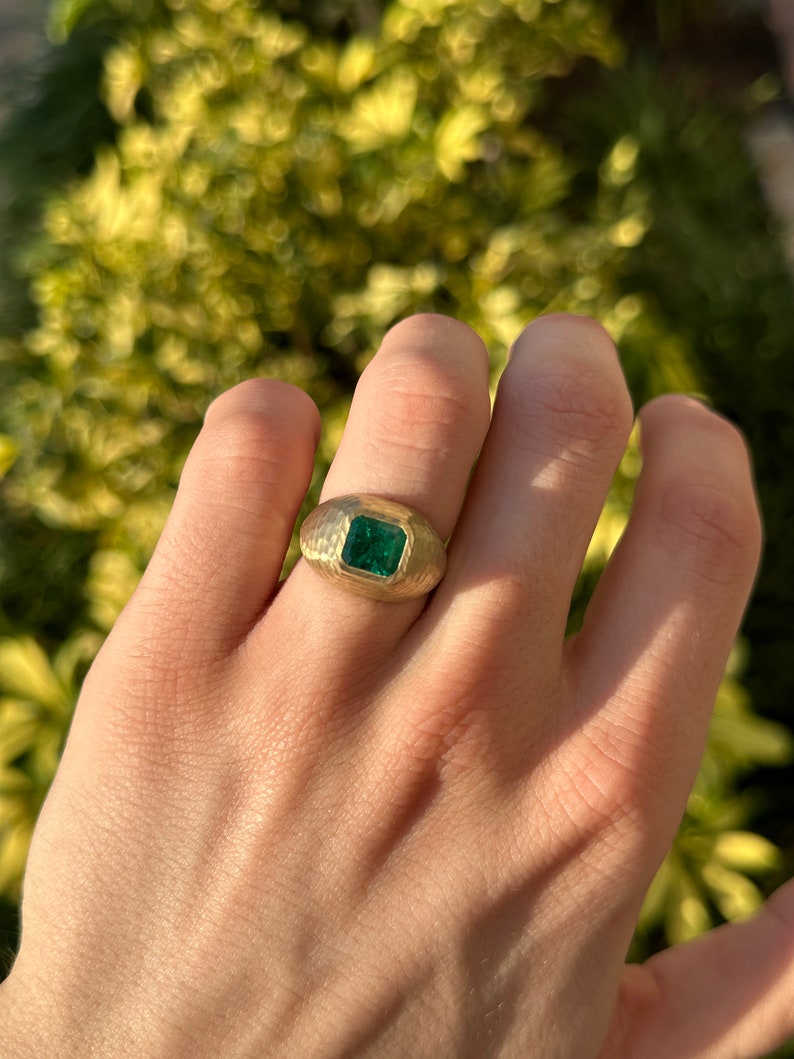 2.43ct 14K Lush Dark Green Emerald Cut Gypsy Men's Matte Hammered Gold Finish Unisex Signet Ring - JR Colombian Emeralds