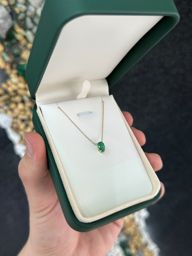 0.75ct 14K Gold Medium Dark Green Natural Pear Cut Emerald Pendant Necklace - JR Colombian Emeralds