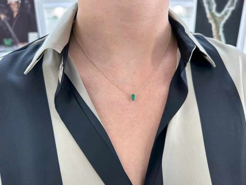 0.75ct 14K Gold Medium Dark Green Natural Pear Cut Emerald Pendant Necklace - JR Colombian Emeralds