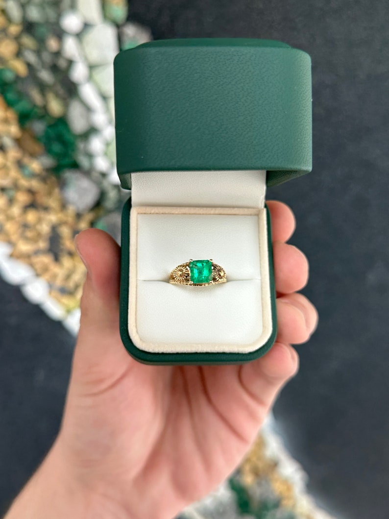 2.20ct 14K Gold Deep Vivid Green Vintage Inspired Emerald Ring