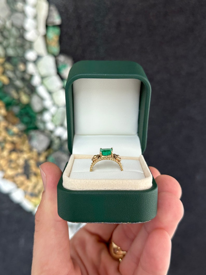 2.20ct 14K Gold Deep Vivid Green Vintage Inspired Emerald 4 Prong Asscher Cut Solitaire Ring - JR Colombian Emeralds