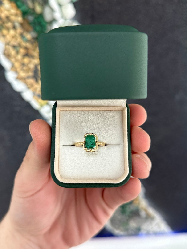 Chic and Sophisticated: Intense Dark Green Natural Emerald Cut Solitaire 1.69cts 8 Prong Ring in 14K Gold