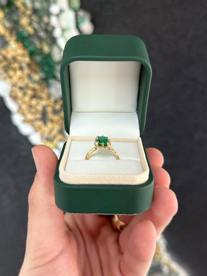 Celebrate Brilliance: 14K Gold Ring Featuring 1.69cts Intense Dark Green Natural Emerald Cut Solitaire