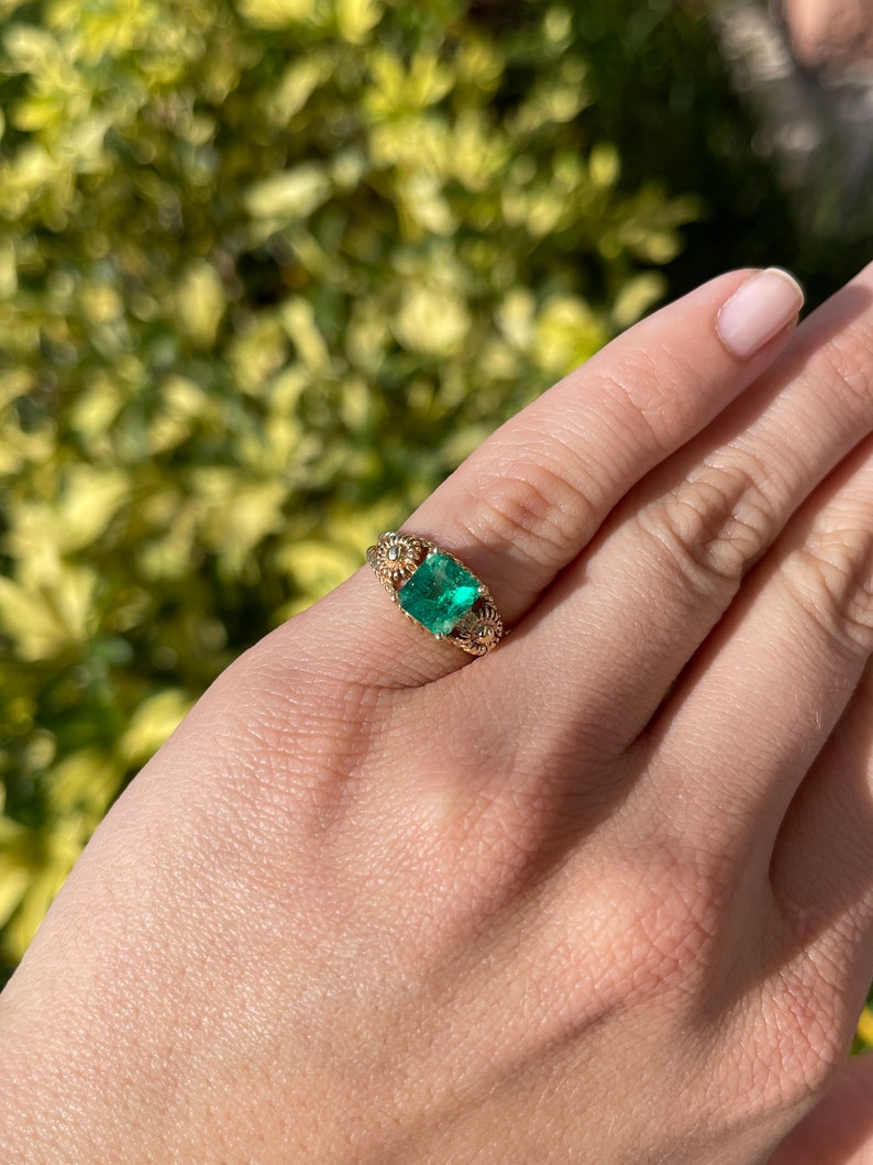 2.20ct 14K Gold Deep Vivid Green Vintage Inspired Emerald 4 Prong Asscher Cut Solitaire Ring - JR Colombian Emeralds