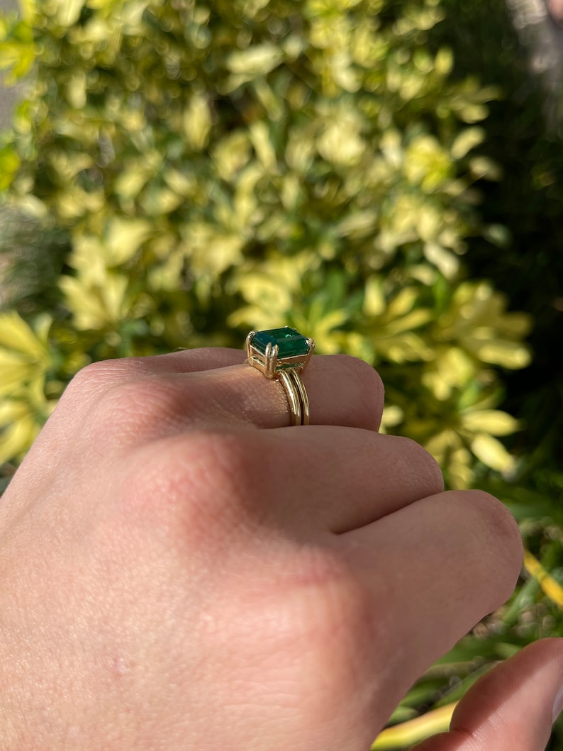 3.28ct 18K Gold Deep Dark Green Emerald Cut 4 Double Prong Setting Solitaire Gold Ring - JR Colombian Emeralds