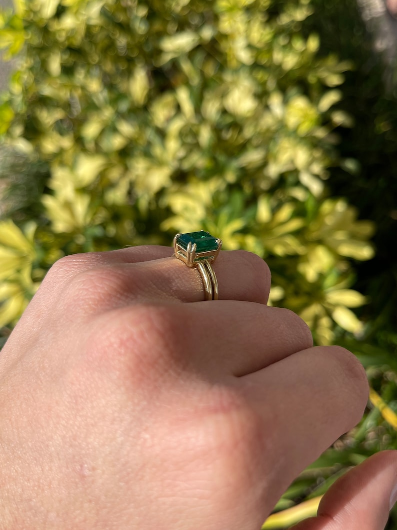 European Engagement Ring - Green Emerald Diamond 3 Stone Ring Yellow Gold -  ER537YG