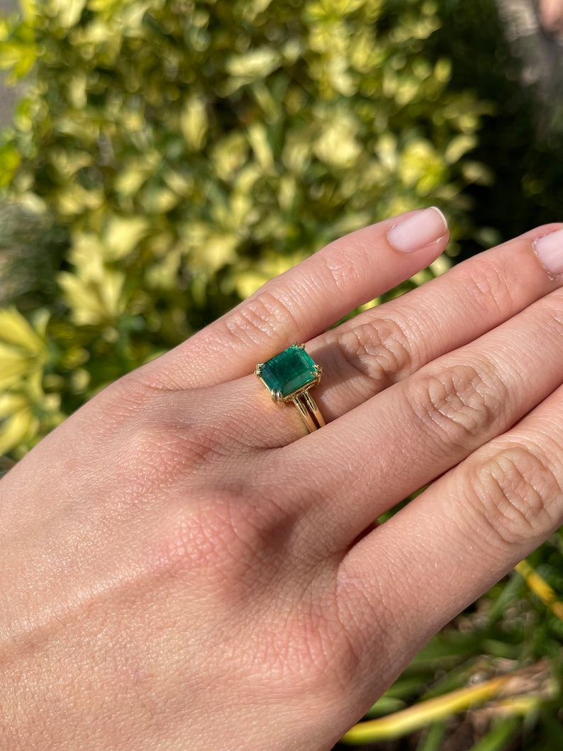 3.28ct 18K Gold Deep Dark Green Emerald Cut 4 Double Prong Setting Solitaire Gold Ring - JR Colombian Emeralds