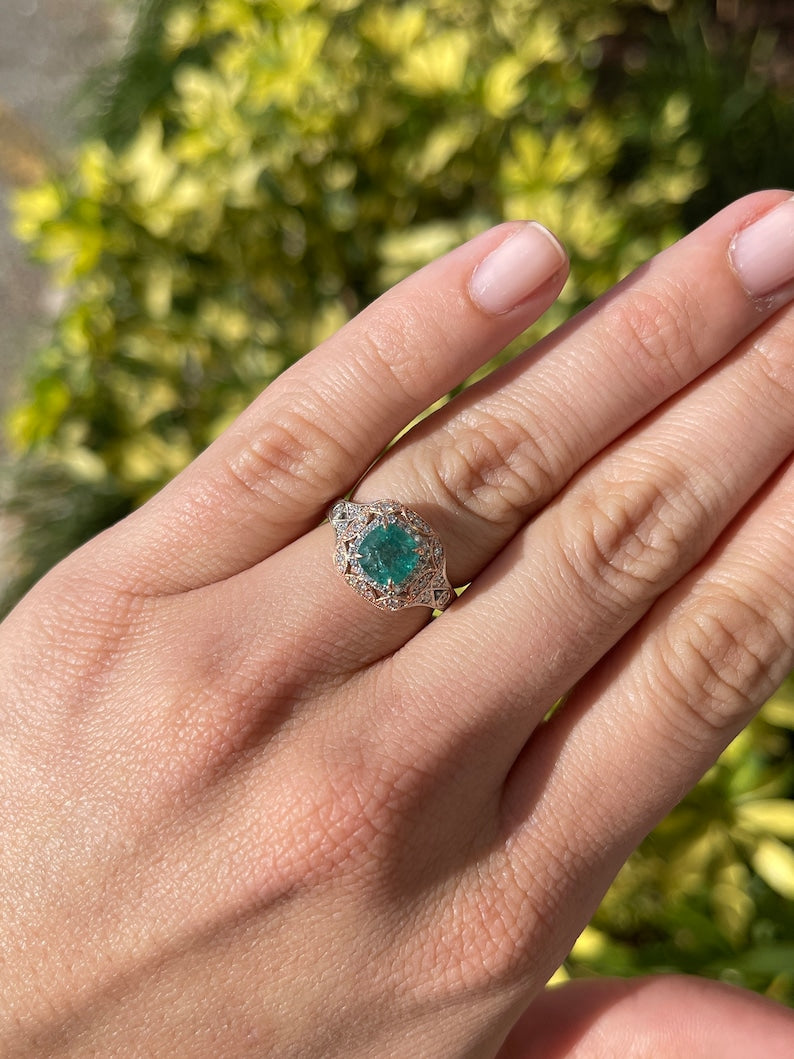 2.14tcw 14K Rose Gold Emerald Deep Ocean Green Cushion Cut & Diamond Accent Engagement Ring - JR Colombian Emeralds