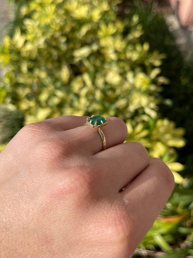 1.69cts 14K Gold Intense Dark Green Natural Emerald Cut Solitaire 8 Prong Ring