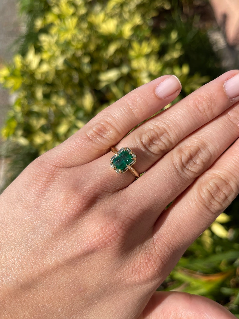 Eternal Radiance: 14K Gold Ring with 1.69cts Intense Dark Green Natural Emerald Cut Solitaire - A Timeless Beauty