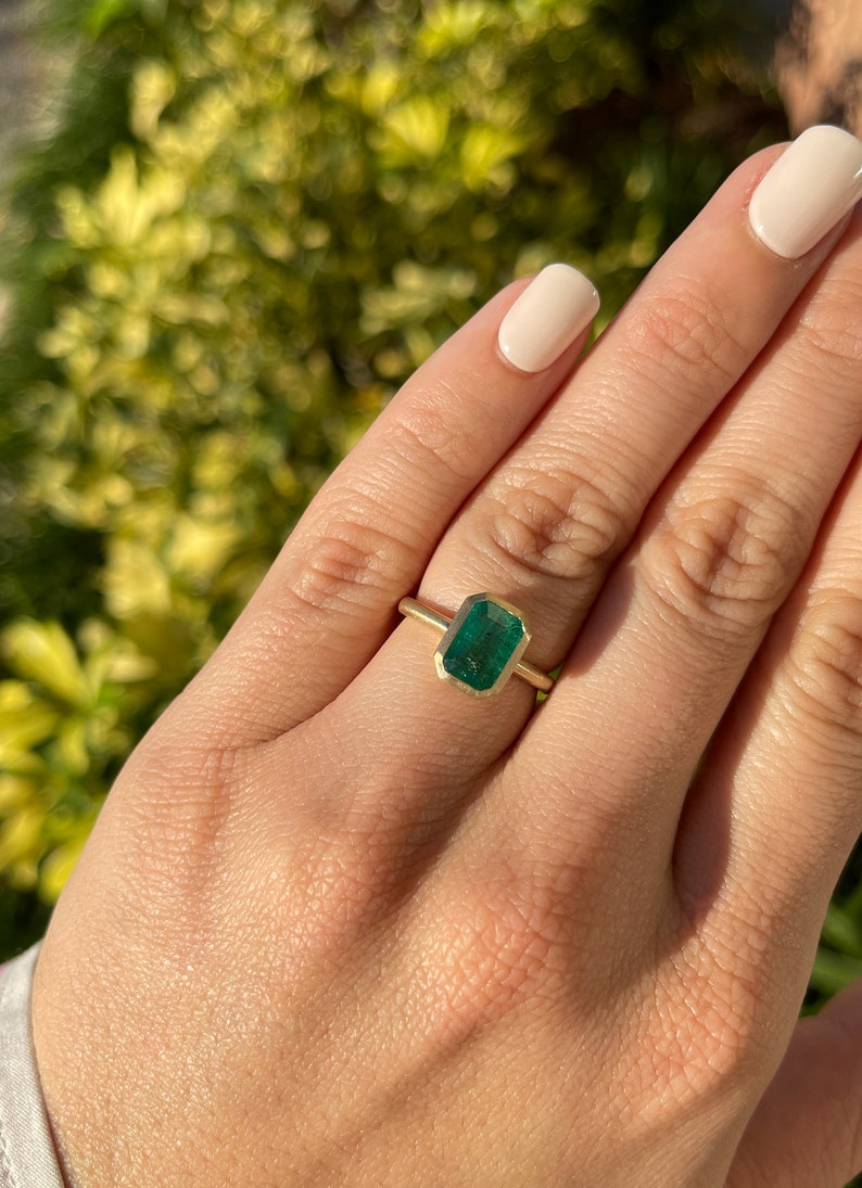 Dark Green Bezel Set Right Hand Emerald Ring 