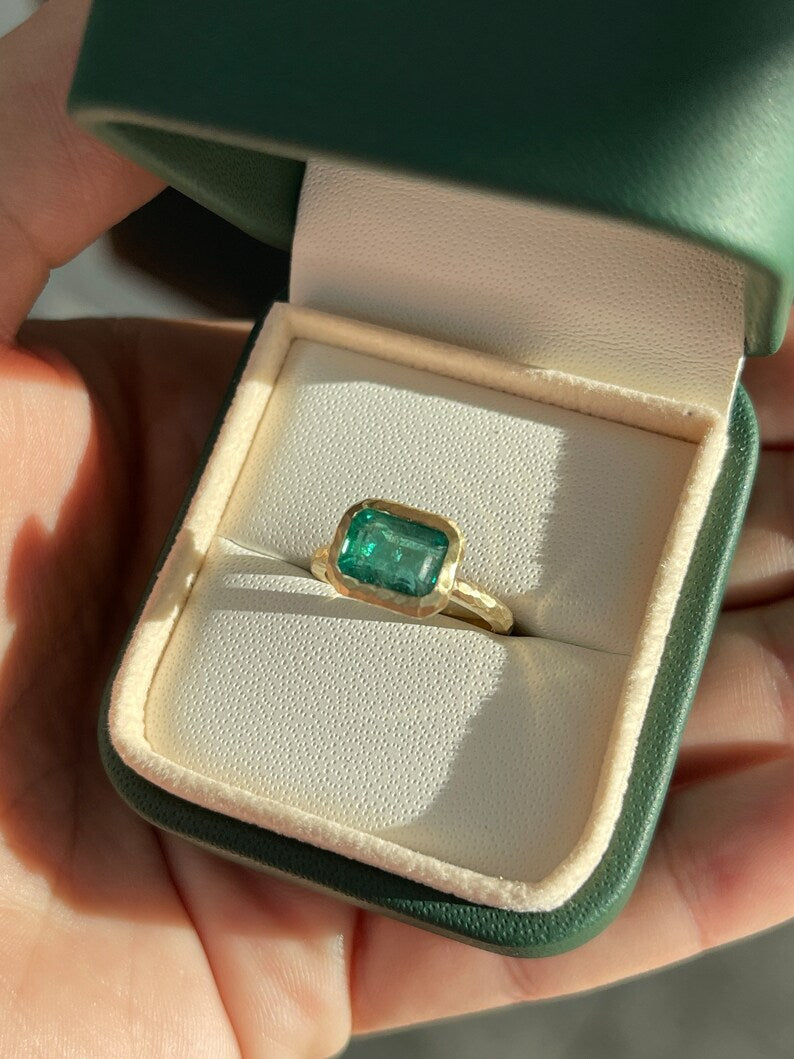 2.48ct 14K Matte Hammered Gold Lush Dark Green East to West Emerald Cut Solitaire Ring - JR Colombian Emeralds