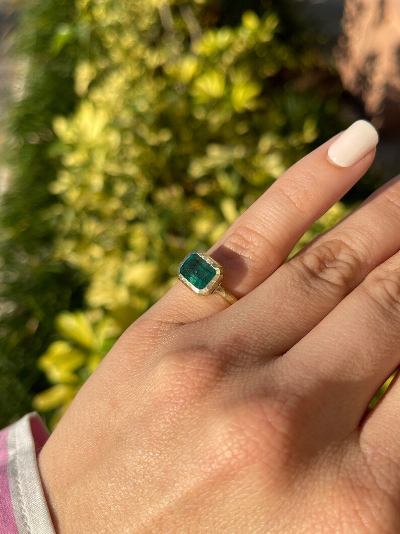 Lush Dark Green Emerald Bezel Set Ring